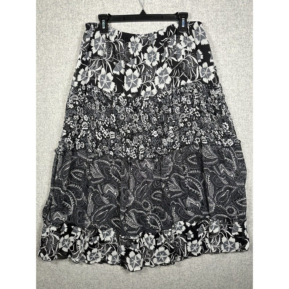 George 1X Womens Skirt Black White Floral Peasant Pull On Elastic Waist Tiered